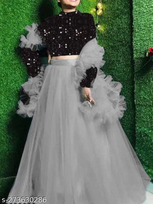 Velvet-and-net embroidered floral lehenga choli with ruffle dupatta, new butterfly net design, semi-stitched, Indian origin