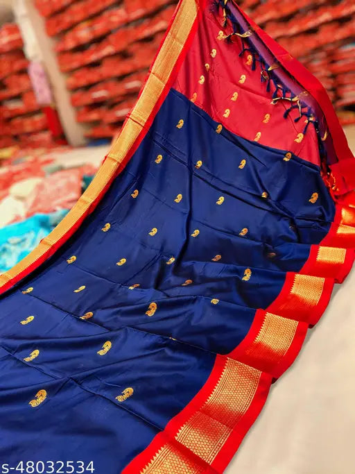 Navy Red Paithani Cotton Silk Saree with Separate Blouse Piece - Traditional Maharashtrian Design