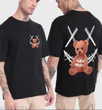 Teddy Black oversized round neck half sleeve t-shirt, printed anime graphic on cotton fabric, men's fashion forward choice