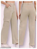 Solid beige cotton and lycra women's cargo style joggers with pockets