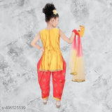 Silk blend ethnic girls patiala set with embroidered top and printed bottom, suitable for festivals and parties. 3-4 years size
