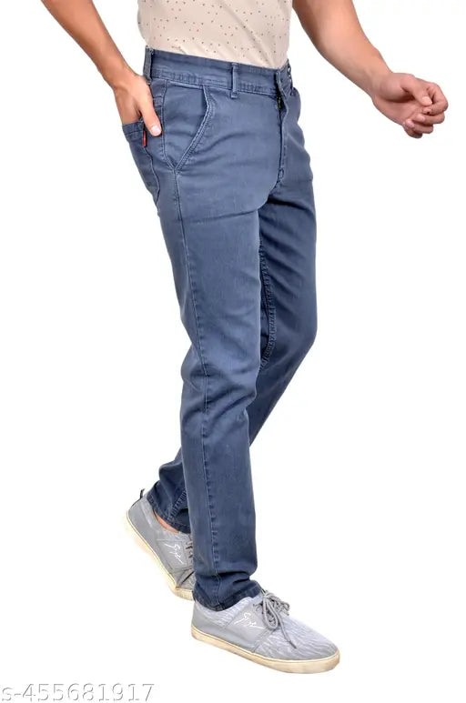 Men's light grey denim jeans with slight stretch and reinforced knee
