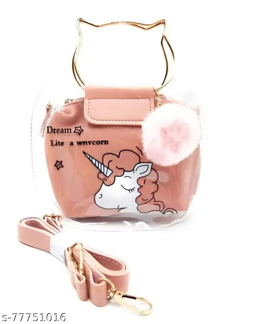 Pink unicorn slingbag with clear bag, heart-shaped charm, and glitter clips