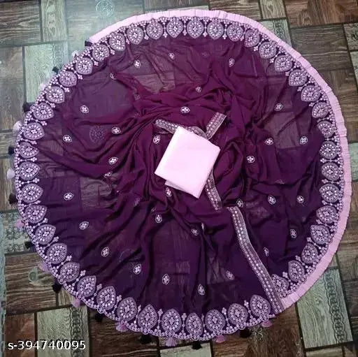 Purple embroidered georgette saree for women
