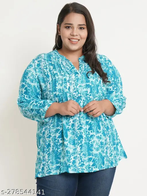Turquoise blue & white abstract printed plus size viscose rayon mandarin collar top with three-quarter sleeves and side slit, made in India