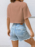 Waffle modal cropped top, solid color, club party wear for women, loose fit and short sleeves