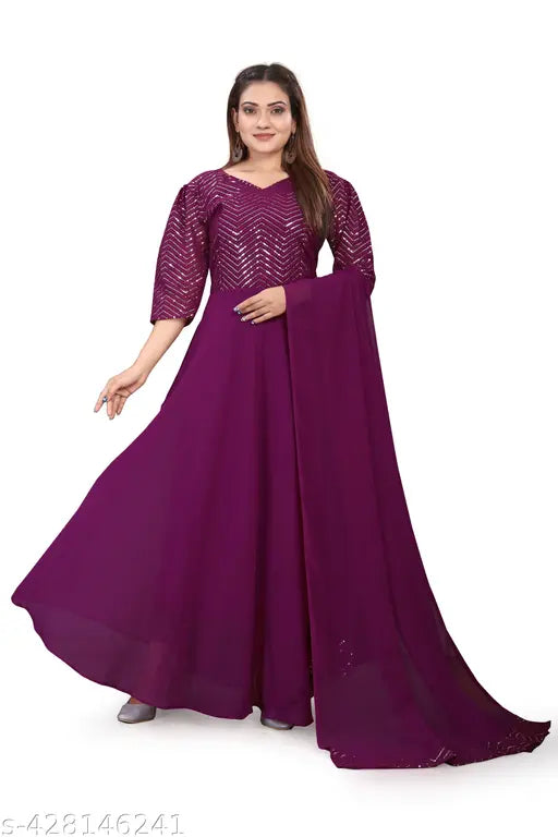 Embellished Georgette Anarkali dress with full sleeves, VIDHI WINE color. Indian-made size tag included