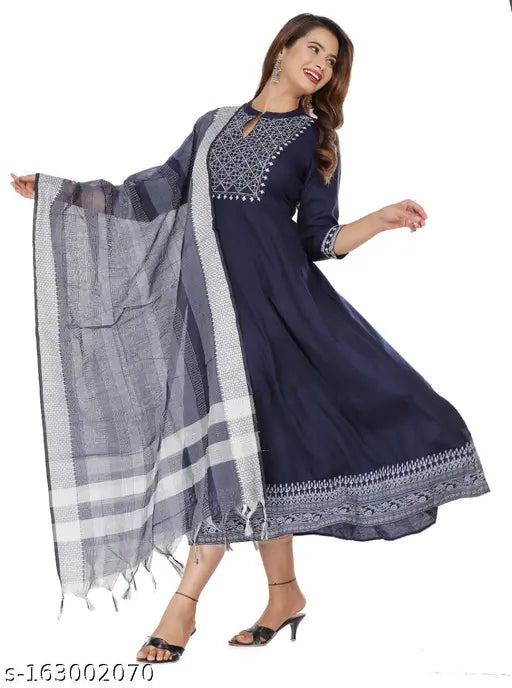 Rayon A-Line kurti with dupatta, solid combo, three-quarter sleeves, Indian embroidery on neck yoke, printed border. M (38in), L (40in), XL (42in) XXL (44in) XXXL (46in) 4XL (48in) 5XL (50in) 6XL (52in). Indian traditional wear for women