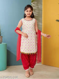 White Georgette Aarika Girls Ethnic Motif Kurta Sets with embroidered mirror work and lace border, suitable for ages 4-10 years old