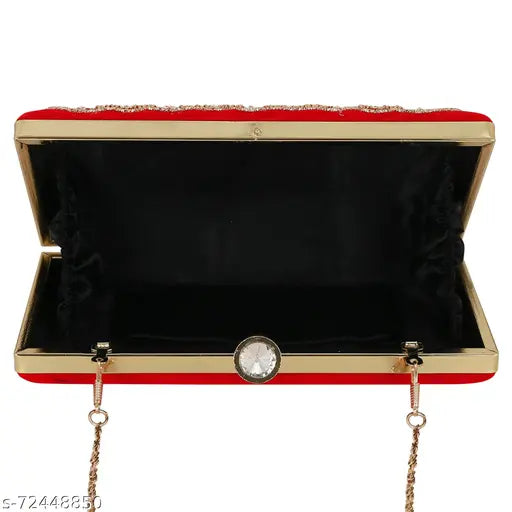 Red embroidered modern womens clutch, gold chain accents