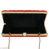Red embroidered modern womens clutch, gold chain accents