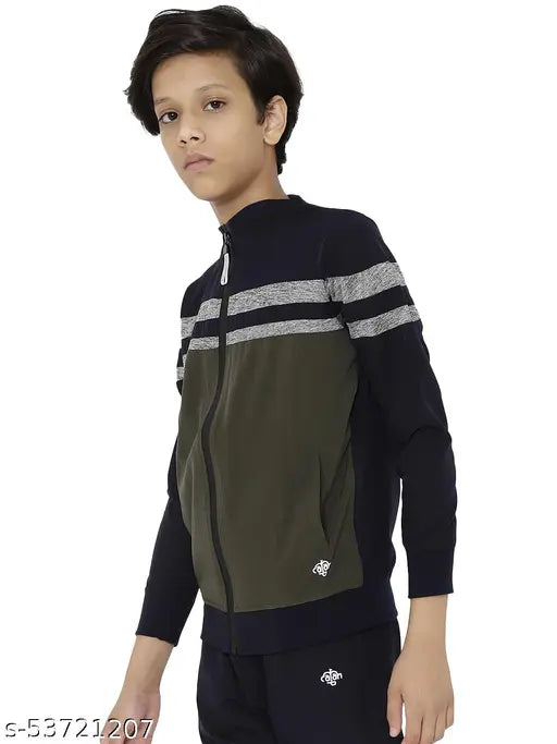 Boys, kids, color block jacket, blue and black stripes, zippered front pockets