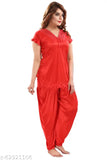 Satin dhoti top night suit LTC0516, Indian-made satin Patiala pants with short sleeves and lace net pattern