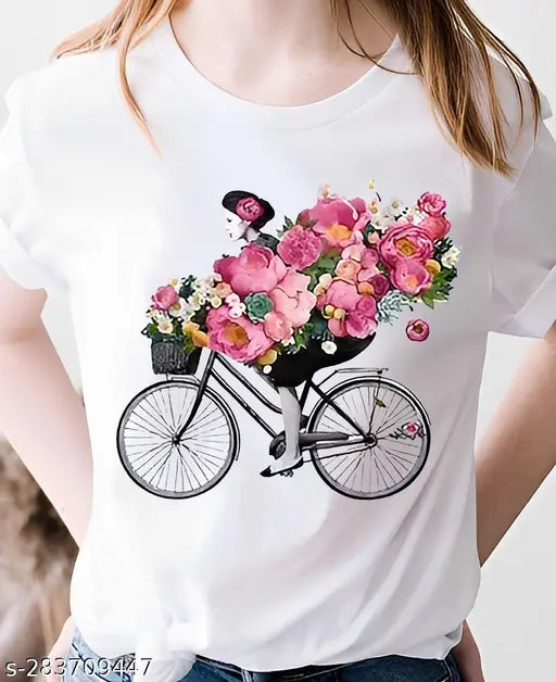 White polyester Bicycle Girl Design women's t-shirt, cool and comfortable for everyday wear under $200