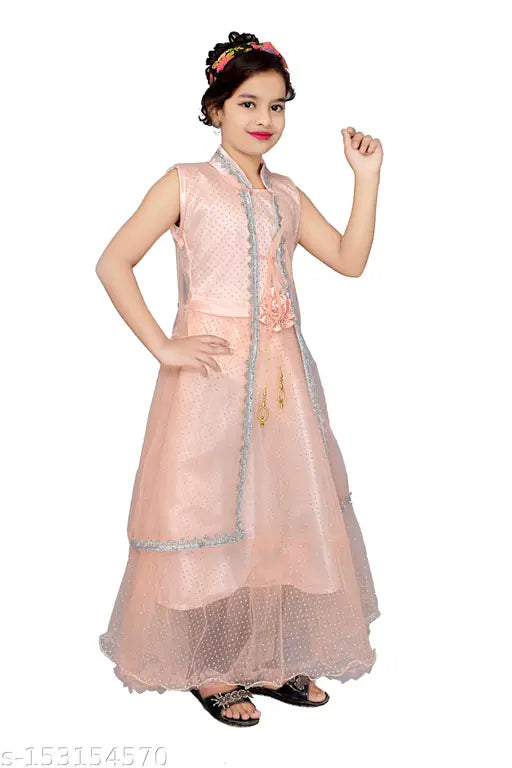 Net gown frock with koti for girls, Indian net georgette party dress for 6-7 years