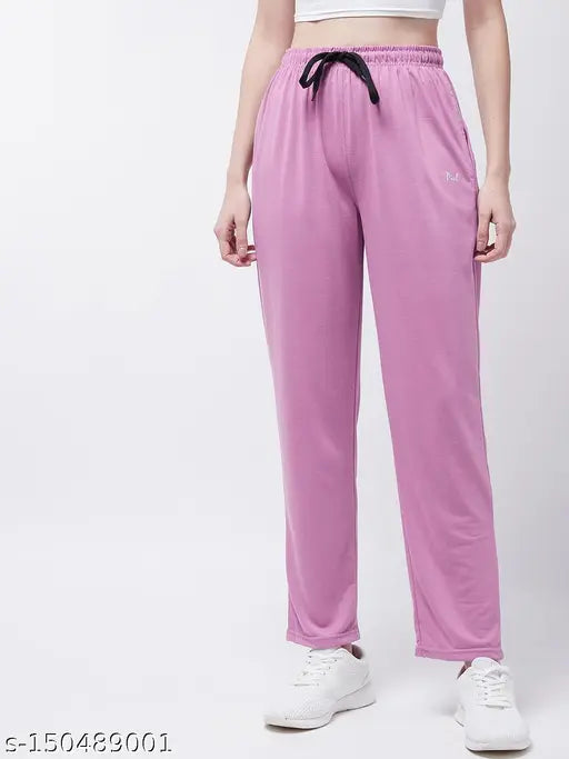 Solid pink cotton women's track pants, elastic waistband, sports bottoms