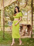 Polyester round neck top and midi skirt set in knitted material, off-shoulder style with short ruffle sleeves and regular fit, Indian-origin women's fashion
