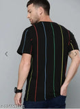 Men's black cotton striped t-shirt with blue, red, green stripes, pure cotton, short sleeves, suitable for all occasions, perfectly tailored fit with two front pockets and two zippers, made in India (Size S: 38in/26in, M: 40in/27in, L: 42in/27in, XL: 44in/28in, XXL: 46in/28in)