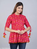 Cotton printed tunic tops, three-quarter sleeves, Indian ethnic wear with knotted sleeves