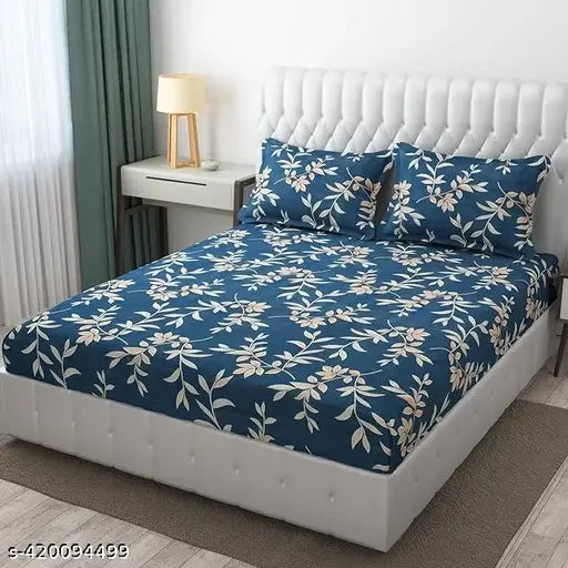 Attractive double fitted cotton bedsheet with botanical print and 2 large pillow covers, fits up to 8 inches mattress, ideal for adults in summer
