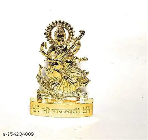 Gold-plated brass Saraswati MATA statue for car dashboard or home decor, 10cm x 10cm x 7cm