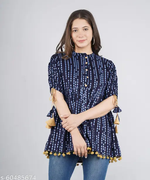 Rayon printed net short-sleeve frock top/kurti top, casual and work wear for S, M, L, XL, XXL sizes. Perfect with jeans or palazzo pants
