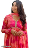 New Look partywear dupata set, Indian Georgette Leheriya printed long gown dress with round neck & long sleeves for casual or formal events