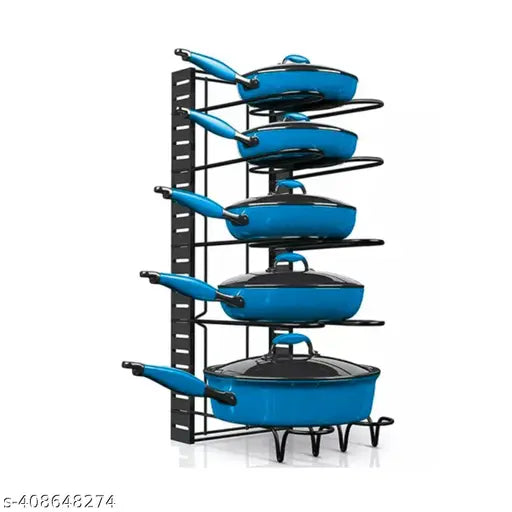 Black cast metal 5-tier rack with pots and pans