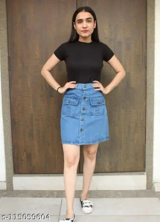 Black denim skirt with rolled waistband