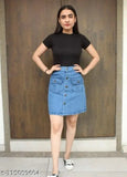 Black denim skirt with rolled waistband