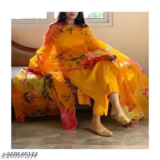 Women's yellow pure cotton kurta set, long embroidered borders