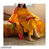 Women's yellow pure cotton kurta set, long embroidered borders