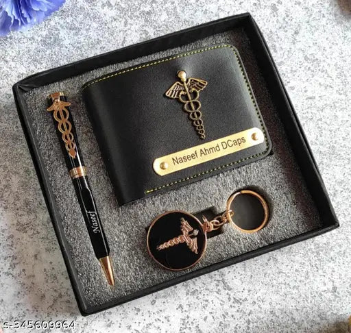 Customised faux leather men's wallet with doctor pen and keychain combo set, solid pattern