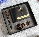 Customised faux leather men's wallet with doctor pen and keychain combo set, solid pattern
