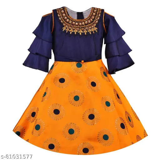 Silver and orange, knee-length dress with ruffle sleeves
