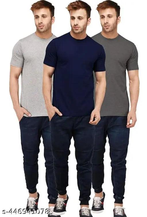 Stylish cotton short-sleeve men's T-shirt combo of 3 - Solid colors, sizes S-XL from India