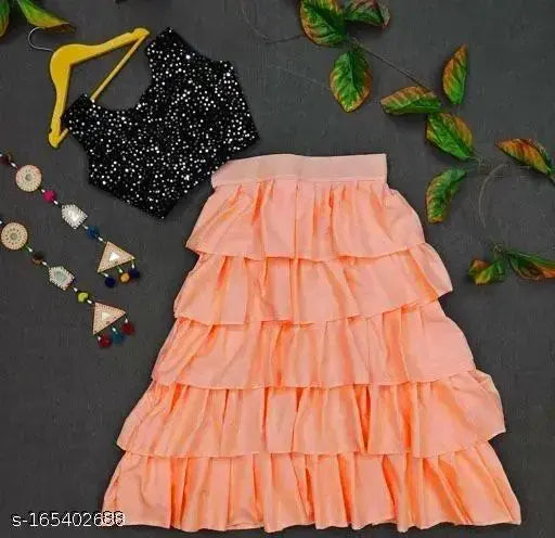 Kids' velvet and net lehenga choli set with embellished ruffle pattern, heavy sequin blouse on semi-stitched net lehenga with 5-step freestyle design, suitable for 9-14 years old
