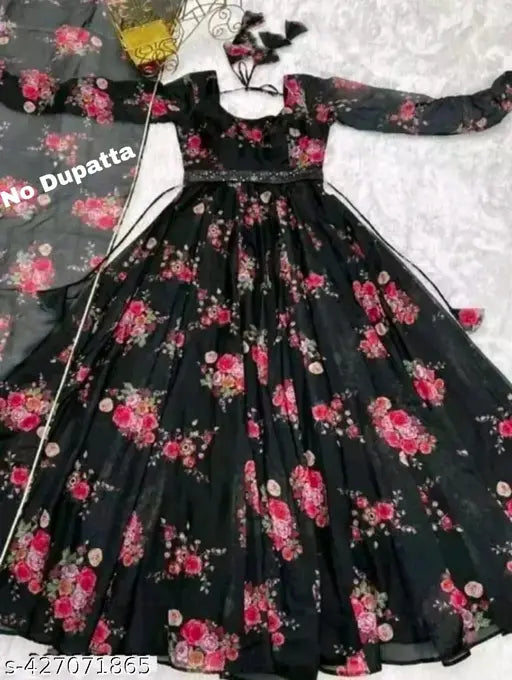 Black Krishna print Georgette long sleeves No Dupatta fashion top, Indian handcrafted with intricate krishna motifs on display