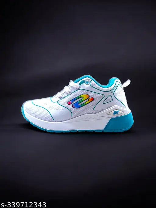 White sport shoes with turquoise sole and laces, casual style