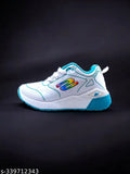 White sport shoes with turquoise sole and laces, casual style
