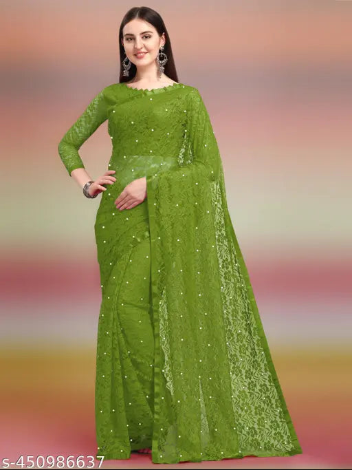 White net saree with embroidered solid blouse, Indian free size, 5.5m length