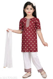 Maroon rayon kurta with rayon bottom wear and cotton silk dupatta, fancy party wear dress set for kids (2-3 Years - 9-10 Years), Indian traditional design with intricate embroidery and prints