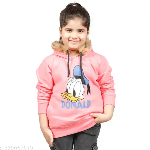 Cute pink Donald duck printed girls winter hoodie, wool fabric with long sleeves. Girls kids hoodie for comfortable and stylish winter wear, size options available