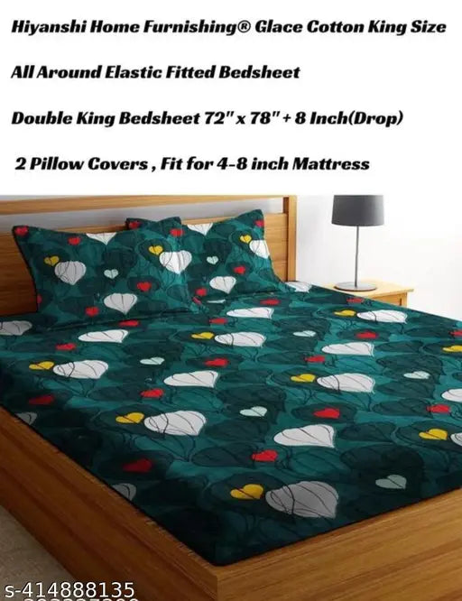 Glace cotton elastic double bedsheet with 2 pillow covers, ideal for summer, fits up to 9-inch mattresses (NEW TOWN Trendy)