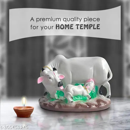 Resin Cow with Calf Idol - Colorful symbol of prosperity, luck, and happiness for home, temple, or office decor