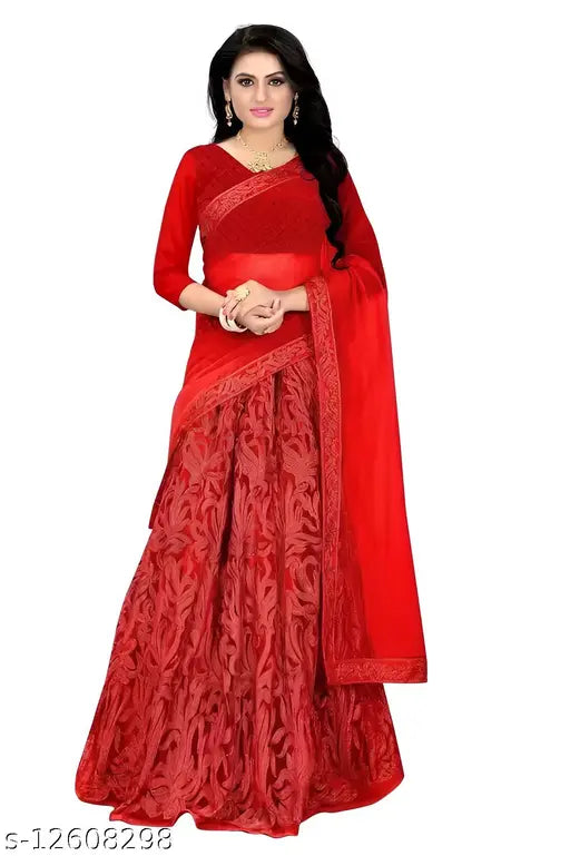 Embroidered taffeta lahenga set in semi-stitched, featuring Taffeta Silk top and bottomwear with Net Dupatta, Indian origin