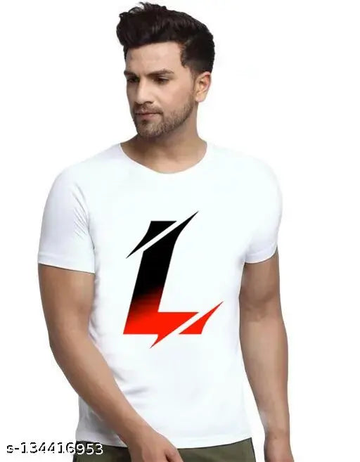 White polyester men's half-sleeve t-shirt, round neck, printed typography alphabet design, available in S, M, L, XL, XXL