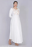 Embroidered white rayon slub kurti with three-quarter sleeves, country of origin India