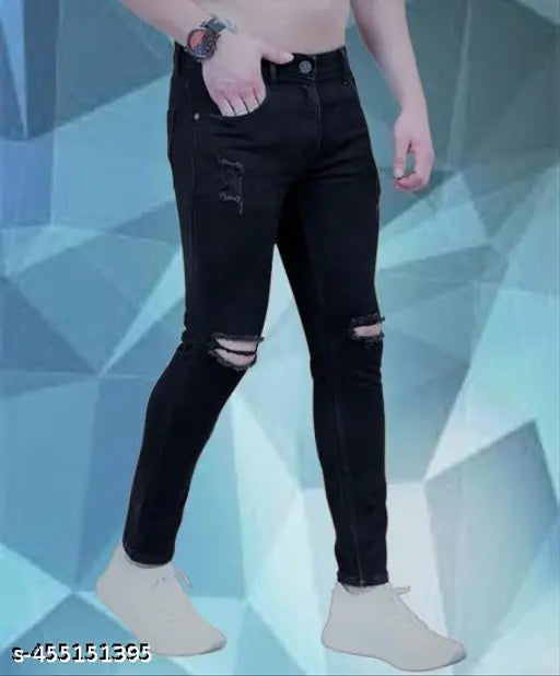 Black knee cut jeans, fashionable casual wear