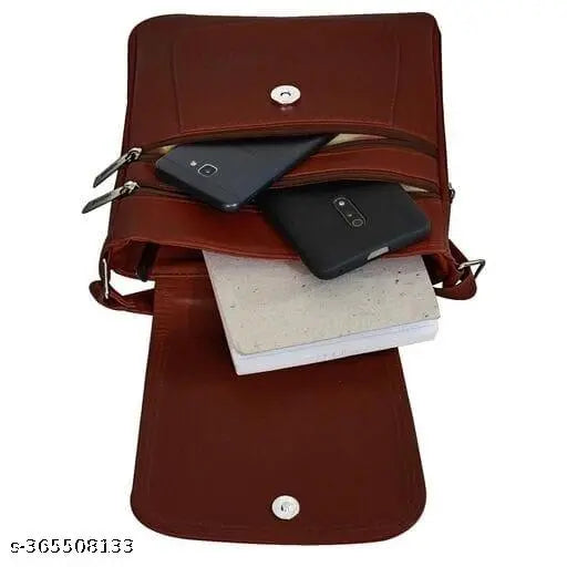 Brown trendy sling bag with zip closure, cell phone pocket on right side